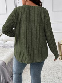Plus V Neck Marled Knit Tee Fall Cloth For Women - Army Green - View 3