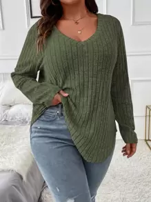 Plus V Neck Marled Knit Tee Fall Cloth For Women - Army Green - View 4