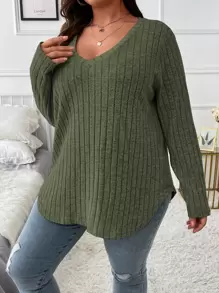 Plus V Neck Marled Knit Tee Fall Cloth For Women - Army Green - View 5
