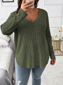 Plus V Neck Marled Knit Tee Fall Cloth For Women - Army Green - View 7