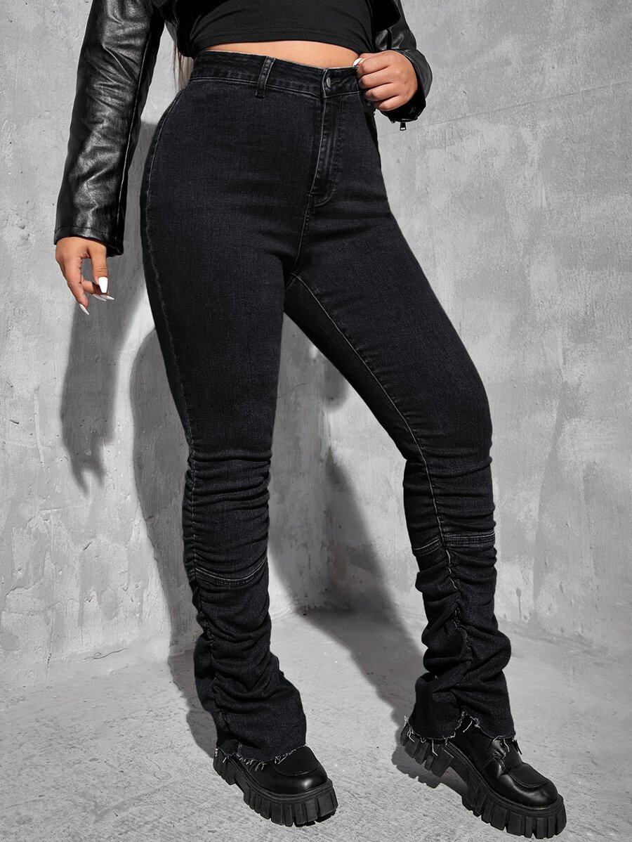 SHEIN EZwear 大碼高腰褶邊緊身牛仔褲 - 黑色 - 查看 1