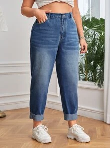 SHEIN EZwear Plus High Waist Mom Fit Jeans - Dark Wash - View 1