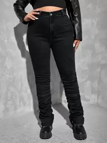 SHEIN EZwear 大碼高腰褶邊緊身牛仔褲 - 黑色 - 查看 5