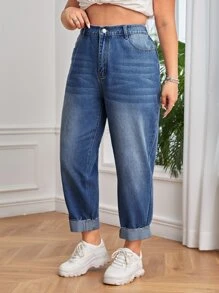 SHEIN EZwear Plus High Waist Mom Fit Jeans - Dark Wash - View 4