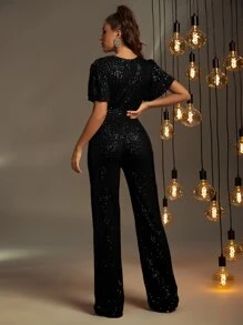 Deep V-Neck Butterfly Sleeve Tie-Front Sequin Elegant Jumpsuit - Black - View 2