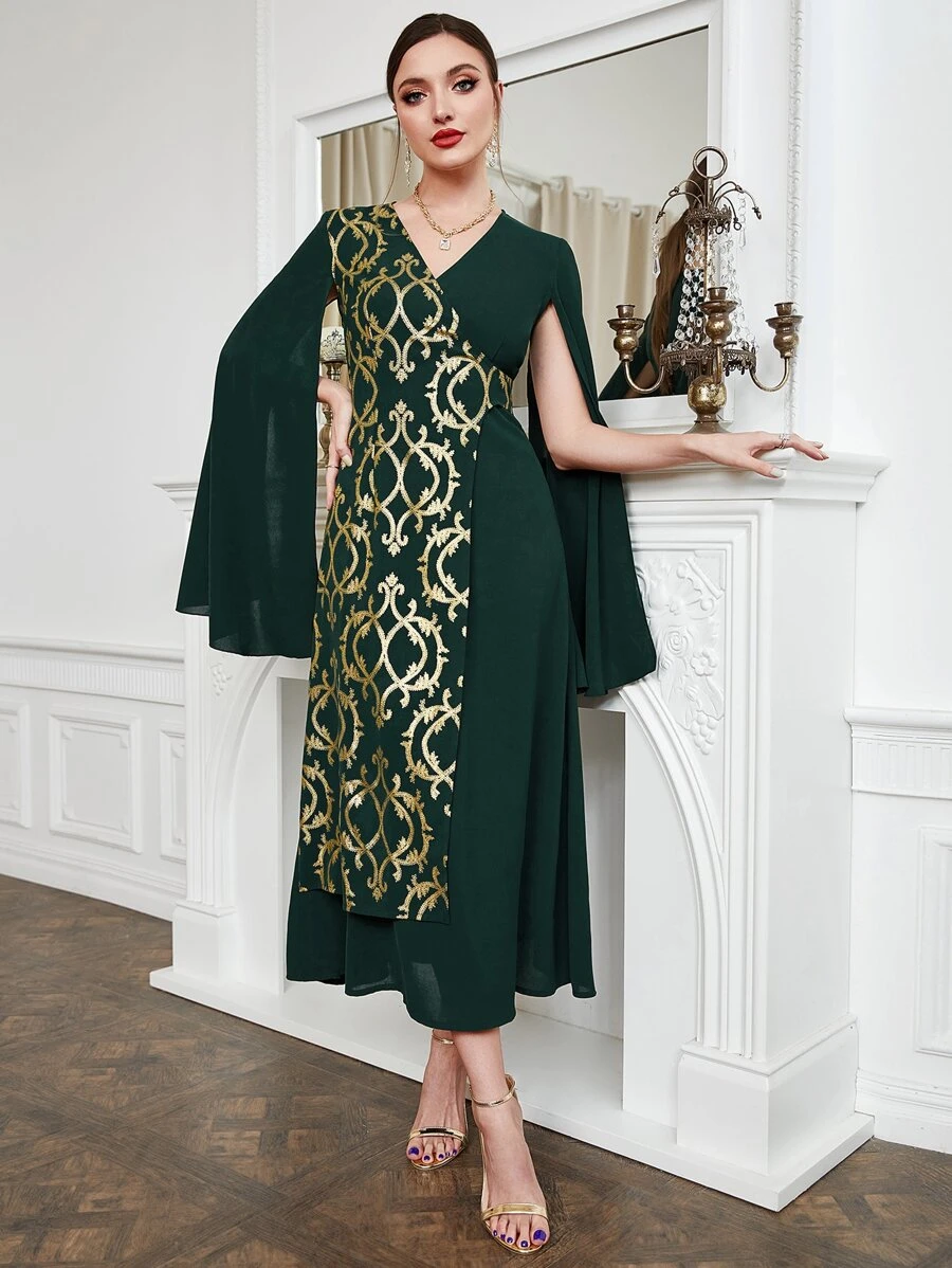 Modelyn Gold Scroll Print Cloak Sleeve Dress - Dark Green - View 1