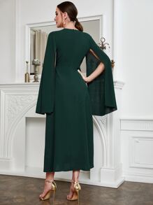 Modelyn Gold Scroll Print Cloak Sleeve Dress - Dark Green - View 2