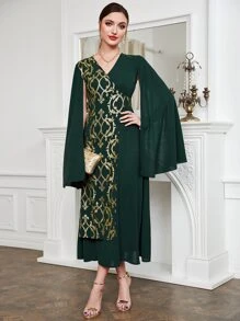 Modelyn Gold Scroll Print Cloak Sleeve Dress - Dark Green - View 3