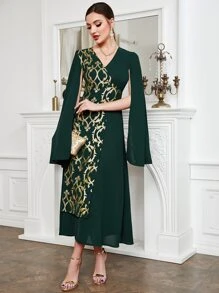 Modelyn Gold Scroll Print Cloak Sleeve Dress - Dark Green - View 4