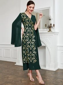 Modelyn Gold Scroll Print Cloak Sleeve Dress - Dark Green - View 5