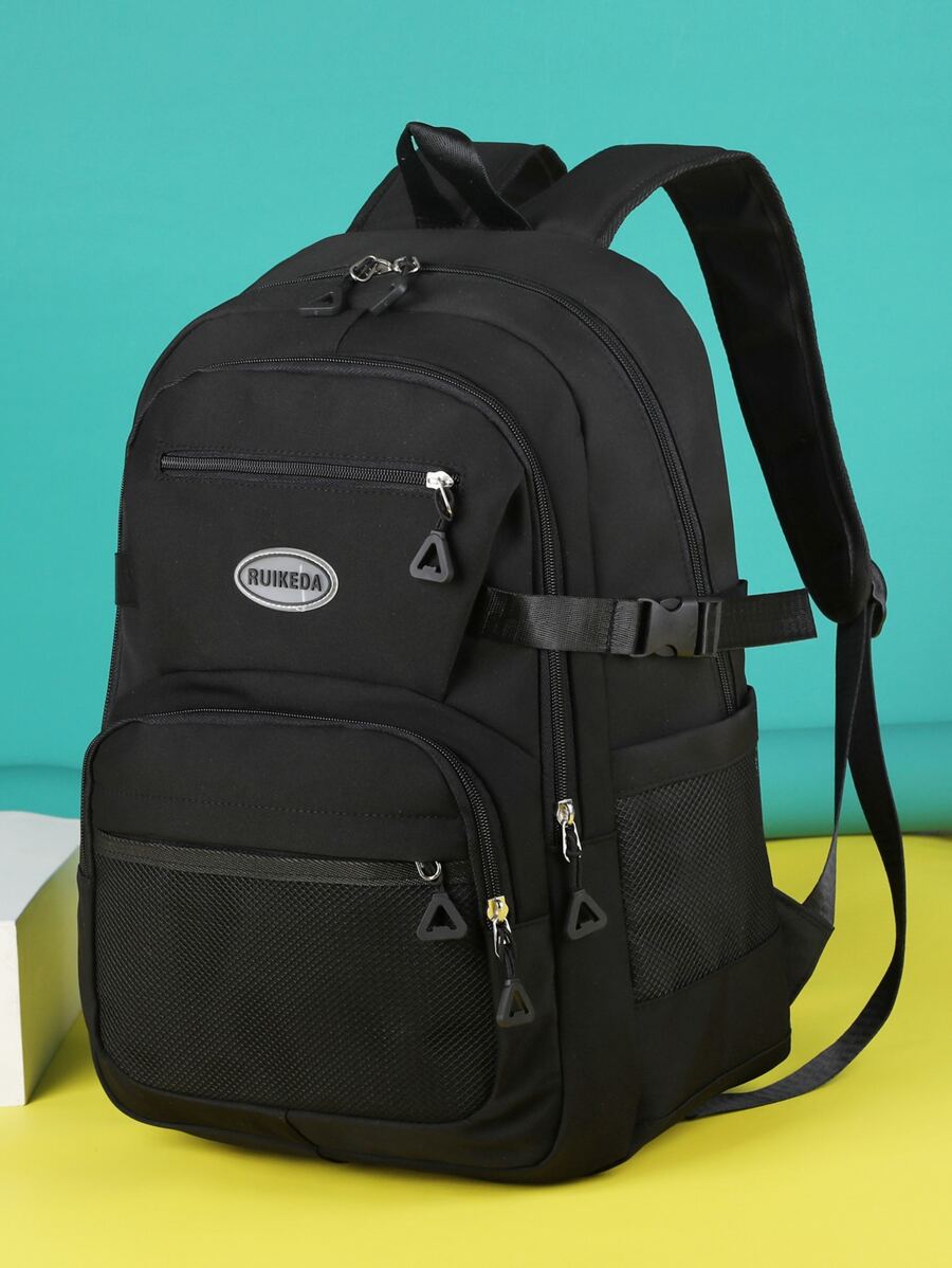 字母贴布装饰纯色大容量多功能背包手提包，多口袋笔记本电脑手提背包，商务工作日用背包，大学书包，女士防水背包，适合户外旅行、日常通勤、上学、学校用品，商务休闲，经典休闲，大容量，适合青少年女孩、女性、大学生、职场新人及白领，是返校、大学、办公、度假、海滩的理想之选。 - 黑色 - 查看 1