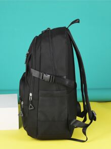 字母贴布装饰纯色大容量多功能背包手提包，多口袋笔记本电脑手提背包，商务工作日用背包，大学书包，女士防水背包，适合户外旅行、日常通勤、上学、学校用品，商务休闲，经典休闲，大容量，适合青少年女孩、女性、大学生、职场新人及白领，是返校、大学、办公、度假、海滩的理想之选。 - 黑色 - 查看 5