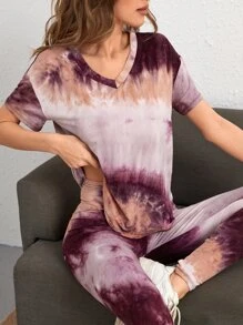 SHEIN LUNE Tie Dye Drop Shoulder Top & Leggings Set - Multicolor - View 3