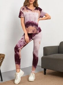 SHEIN LUNE Tie Dye Drop Shoulder Top & Leggings Set - Multicolor - View 4
