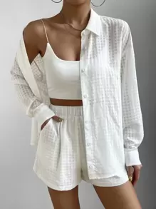 Lunelith SHEIN Lunessa Solid Button Front Shirt & Shorts Fall Cloth For Women