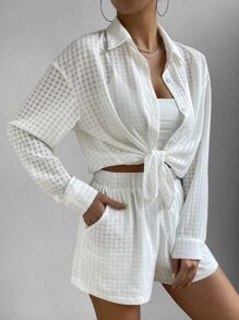 Lunelith SHEIN Lunessa Solid Button Front Shirt & Shorts Fall Cloth For Women