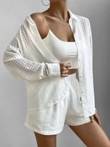Lunelith SHEIN Lunessa Solid Button Front Shirt & Shorts Fall Cloth For Women