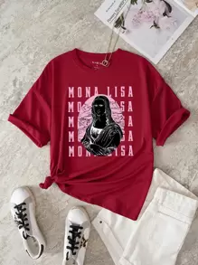 SHEIN EZwear Áo thun nữ Lá thư Con số Giải trí - Màu Đỏ Sâu - Xem 1