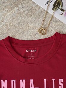 SHEIN EZwear Áo thun nữ Lá thư Con số Giải trí - Màu Đỏ Sâu - Xem 3