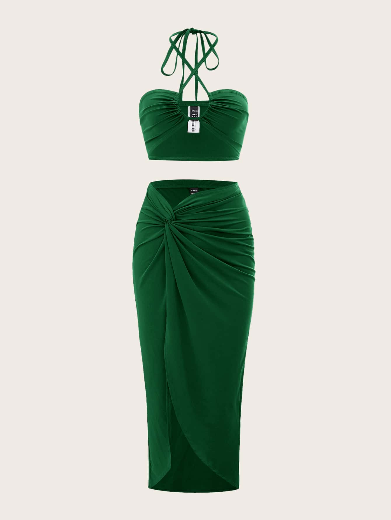 SHEIN ICON Tie Back Halter Top & Twist Front Skirt - Dark Green - View 1