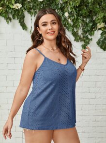 SHEIN LUNE Áo hai dây Plus Size Tranh thêu màu trơn Boho - Màu xanh bụi bặm - Xem 4
