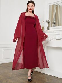 Modelyn Burgundy Red Open Front Trumpet Sleeve Coat & Slip Dress - Burgundy - View 4
