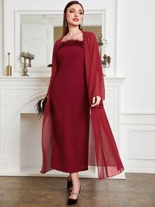 Modelyn Burgundy Red Open Front Trumpet Sleeve Coat & Slip Dress - Burgundy - View 5