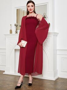 Modelyn Burgundy Red Open Front Trumpet Sleeve Coat & Slip Dress - Burgundy - View 6