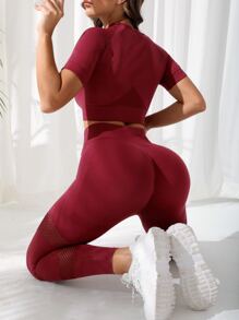 Hollow Out Raglan Sleeve Sports Set Leggings And Top Setribbed Leggings Setred Workout Set - Burgundy - View 2