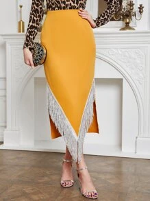 Modelyn Fringe Trim Asymmetrical Hem Skirt - Yellow - View 1