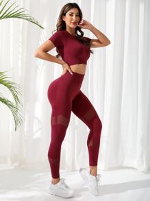 Hollow Out Raglan Sleeve Sports Set Leggings And Top Setribbed Leggings Setred Workout Set - Burgundy - View 1