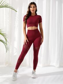 Hollow Out Raglan Sleeve Sports Set Leggings And Top Setribbed Leggings Setred Workout Set - Burgundy - View 5