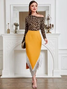 Modelyn Fringe Trim Asymmetrical Hem Skirt - Yellow - View 4