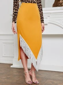 Modelyn Fringe Trim Asymmetrical Hem Skirt - Yellow - View 5