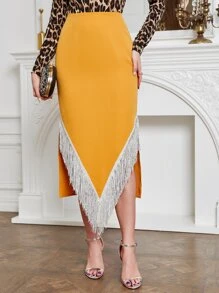 Modelyn Fringe Trim Asymmetrical Hem Skirt - Yellow - View 6