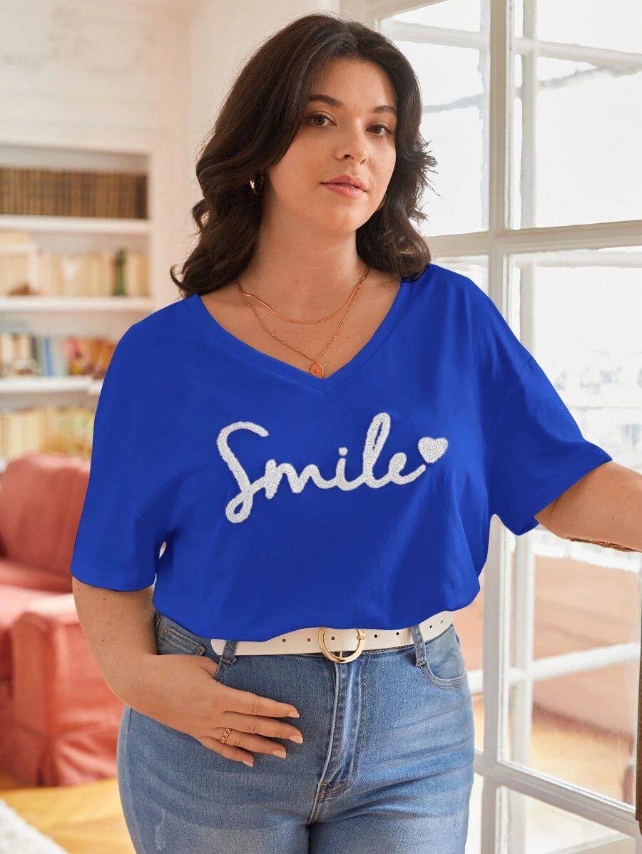 SHEIN Frenchy Plus Heart And Letter Patched Drop Shoulder Tee - Royal Blue - View 1