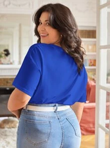 SHEIN Frenchy Plus Heart And Letter Patched Drop Shoulder Tee - Royal Blue - View 2