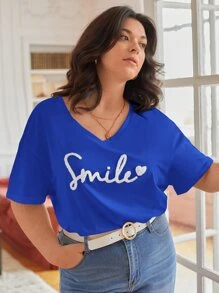 SHEIN Frenchy Plus Heart And Letter Patched Drop Shoulder Tee - Royal Blue - View 3