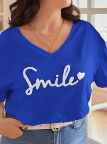 SHEIN Frenchy Plus Heart And Letter Patched Drop Shoulder Tee - Royal Blue - View 4