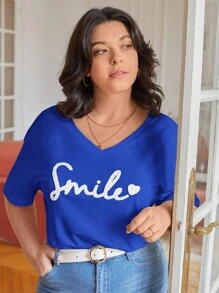 SHEIN Frenchy Plus Heart And Letter Patched Drop Shoulder Tee - Royal Blue - View 5