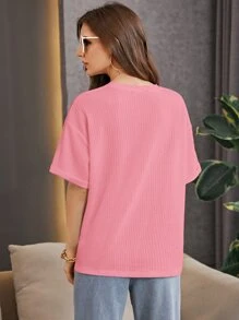 SHEIN Essnce Drop Shoulder Waffle Knit Tee - Pink - View 2