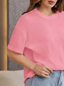 SHEIN Essnce Drop Shoulder Waffle Knit Tee - Pink - View 3