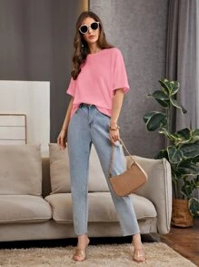 SHEIN Essnce Drop Shoulder Waffle Knit Tee - Pink - View 4
