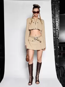 SHEIN ICON Flap Pocket Crop Jacket - Khaki - View 4