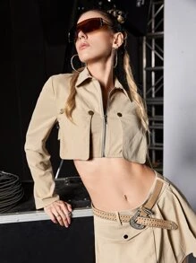 SHEIN ICON Flap Pocket Crop Jacket - Khaki - View 1