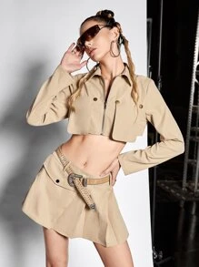 SHEIN ICON Flap Pocket Crop Jacket - Khaki - View 7