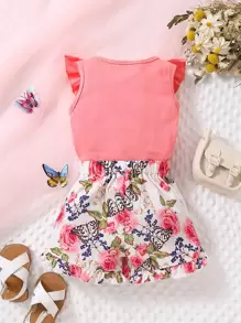 Chaleco De Niña Con Volantes Y Pantalones Cortos De Volantes Con Lazo Y Estampado Floral En La Parte Delantera - Multicolor - Ver 2
