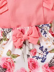 Chaleco De Niña Con Volantes Y Pantalones Cortos De Volantes Con Lazo Y Estampado Floral En La Parte Delantera - Multicolor - Ver 3