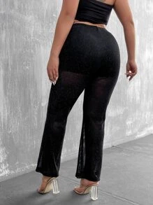 Celure Plus High Waist Glitter Flare Leg Trousers - Black - View 3