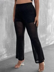 Celure Plus High Waist Glitter Flare Leg Trousers - Black - View 4